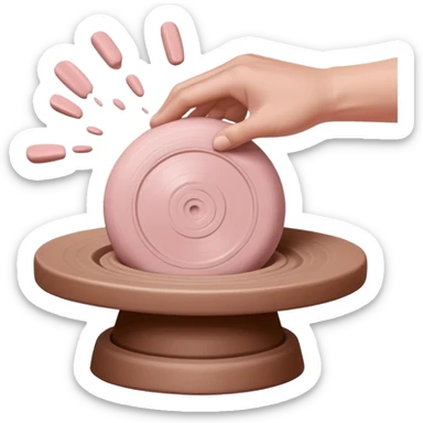 single hand throwing a pink ball of clay onto a pottery wheel, only one hand visible in the frame sticker