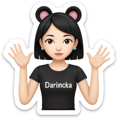 Кошка девочка, черные волосы, милые ушки, черный топик, руки показывают грудь, на топике надпись "дариночка" sticker