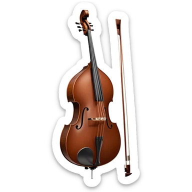 Create an elegant and detailed emoji representing a Gliga Gama double bass with bow. The design should showcase the large, sleek body of the double bass with its rich wood finish, including the characteristic curves and deep tone holes. The bow should be elegantly positioned next to the instrument, highlighting the hair and smooth wooden stick. Use warm wood tones like chestnut brown for the body of the bass, silver accents for the fittings, and dark brown for the bow. Add subtle musical notes or sound waves flowing from the bass to represent its deep, resonant sound. The background should be transparent. sticker