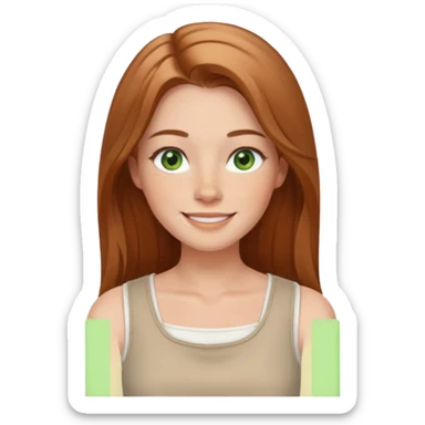 confident woman named Freya McOmish, smiling, green eyes, long light brown hair with a center part, subtle freckles, modern casual style, broad shoulders, wearing a white sleeveless square neck top sticker