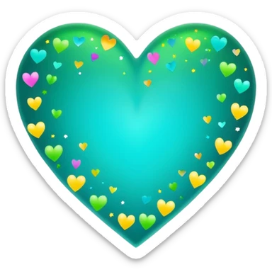 emoji: teal and neon green gradient heart with celebration confetti from behind. sticker