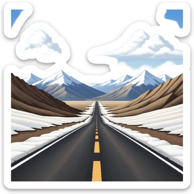 A long straight dirt road that disappears into the horizon half way up the screen from the perspective of someone sitting in the middle of the road looking down it. Flat snow fields on both sides of the road with huge looming mountains above the roads horizon line. sticker