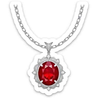 phoenix-inspired ruby pendant, deep red with a pulse of light, silver chain and white stone halo sticker