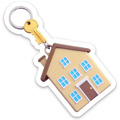 keychain with a khaki key and a white house-shaped key fob, 3D Emoji style, soft shadows and highlights, transparent background, no decoration, side view sticker