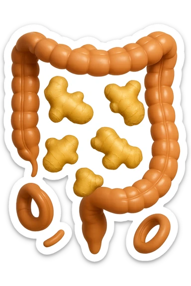 emoji stile iphone 3d di 6 piccoli pezzi di zenzero che fluttuano in aria con pezzi di colon arrotolati intorno, iperrealistico 4k sticker