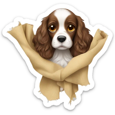 spaniel in hands with a rag sticker