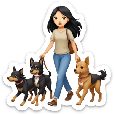 A girl with long black hair walking with three dogs sticker