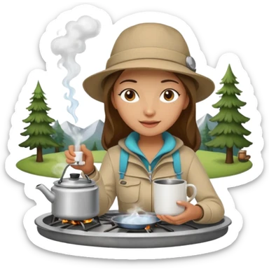 A woman camper boiling water on a portable stove, enjoying the outdoor sticker