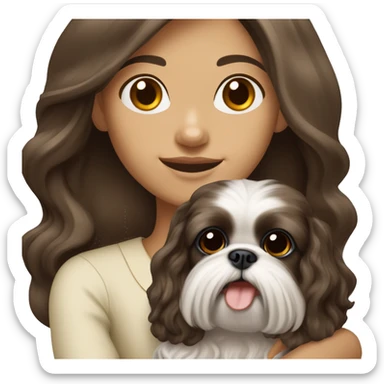 Young dark brunette medium kin hair woman with a cream shih tzu in her arms long wavy hair sticker