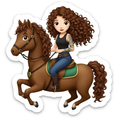 cute woman long curly brown hair tattoos riding forest pony sticker