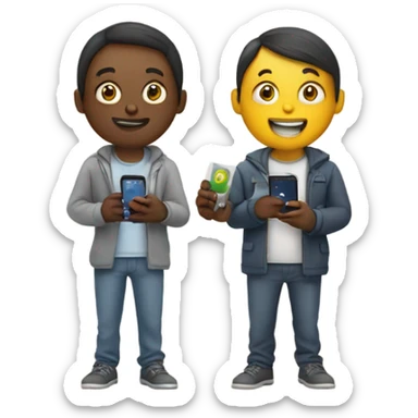 two friends with smartphone showing charts sticker