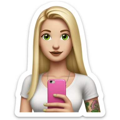Realistic White girl with Long straight blonde hair, green eyes, tattoos, full body wearing white crop top, holding pink phone sticker