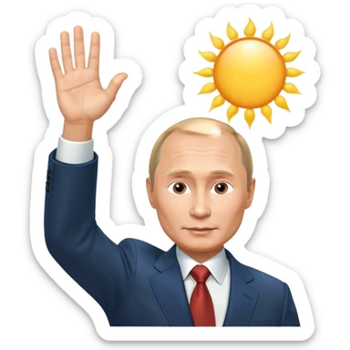 Putin stands with his right hand raised towards the sun sticker