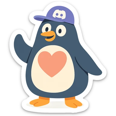 large penguin with a Discord hat and a large heart on chest sticker
