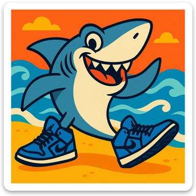 playful shark at the beach shore, each fin sporting a blue Jordan sneaker, with waves in the background, fun and lively style sticker