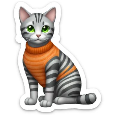A striped grey cat with green eyes with orange sweater in full growth sticker