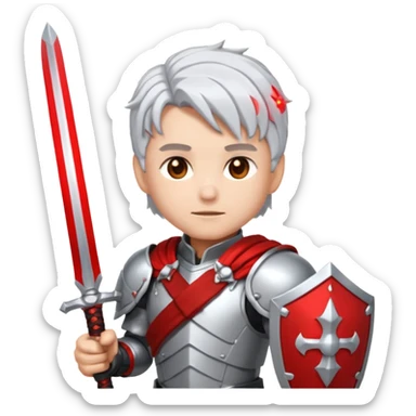 32x32 pixel art emoji, a white-haired boy holding dual swords, inspired by, heroic pose, silver-white hair, glowing red and silver swords, metallic armor details, vibrant colors, transparent background, high contrast, video game icon style. sticker