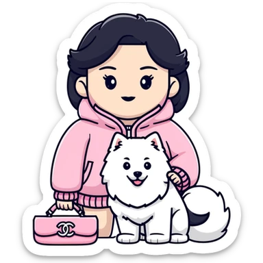 black-haired girl in pink Chanel style outfit with white Samoyed dog sticker