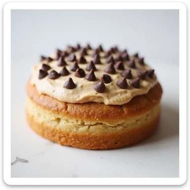 realistic round cake with peanut butter frosting and chocolate chips, photorealistic style sticker