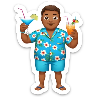 chubby guy full figure in a flowered azure havai shirt, brown shorts and flippers holding a cocktail sticker