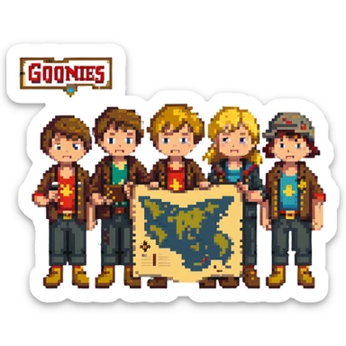 group of kids from the Goonies movie with treasure map sticker