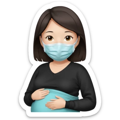 a pregrant chinese lady with dark brown hair? Hair lengt above shoulder, wearing medical face mask, i wanna see the pregnant belly with black sweater sticker