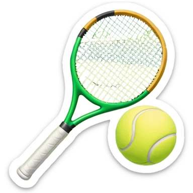 A tennis racket and a ball placed on a grassy court, with the net visible in the background. The scene captures the elegance and energy of the sport, with a vibrant green court and soft sunlight highlighting the equipment. sticker