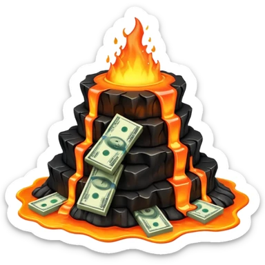 Transform the stack of money into lava money: make the bills appear to be melting and turning into glowing, molten lava with realistic textures and dramatic lighting. Keep the background transparent. The style should reflect a realistic molten lava effect with glowing and melting details. sticker