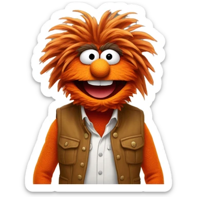 "Animal" the vibrant orange Muppet character with wild hair, large white eyes, and a wide, open mouth displaying sharp teeth. The Muppet is dressed in a colorful outfit consisting of a yellow vest, a red shirt, and brown pants sticker