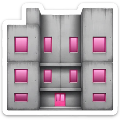Gray concrete brutalist architecture with a single bright pink window and multiple regular windows sticker
