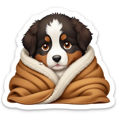 bernese mountain dog puppy cozy in a sherpa blanket, kawaii disney-style cute sticker