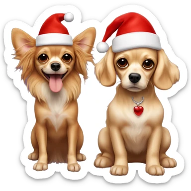 Two dogs hugging each other full-length. One is a long-haired beige Chihuahua with red streaks and small protruding ears. The second is a red cocker spaniel. They are both wearing New Year's hats, the cocker is bigger than the Chihuahua. sticker