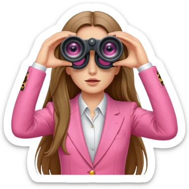 woman with long hair in a pink suit looking through two-eyed binoculars, front view sticker