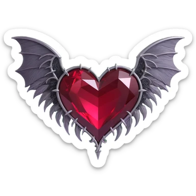 gothic heart, dark crimson crystal, silver bat wings, feather details, lush and gothic sticker