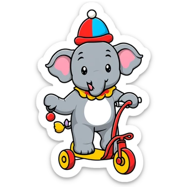 Comical gray elephant wearing a clown hat riding a small colorful tricycle sticker