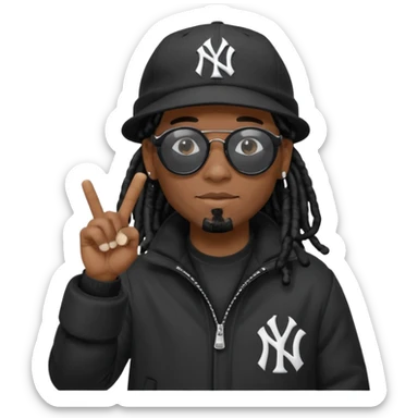 African American man with shoulder length black dreadlocks wearing black sunglasses with black bubble winter coat wearing a New York Yankees baseball hat with finger pointing to his head sticker