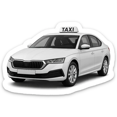 A modern taxi in white or silver, prominent 'TAXI' sign on the roof, no yellow elements on the vehicle sticker