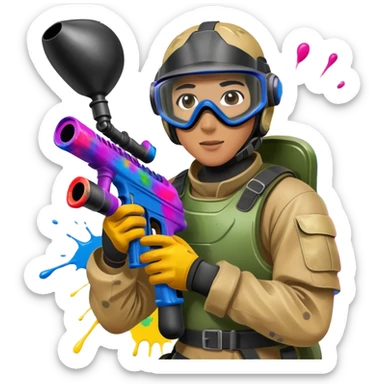 A dynamic scene of a player in action, holding a paintball gun and wearing protective gear. The background shows a vibrant paintball field with obstacles, colorful splatters of paint in the air, and an intense, competitive atmosphere. sticker