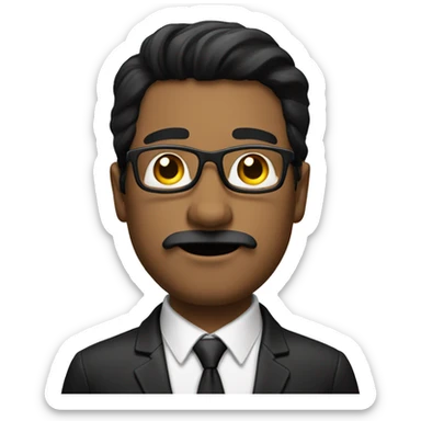 A white man with straight black hair that reaches his shoulders, a black mustache and glasses sticker