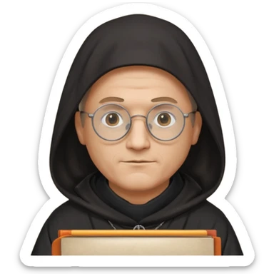 Monk priest prayer black habit with hood round black glasses done light brown wavy hair under hood remove the medallion smaller more round glassed age 46 remove necklace thinner or more oval face  sticker