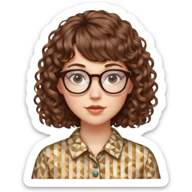 white girl with curly brown hair with bangs, glasses, and a geometric patterned shirt sticker