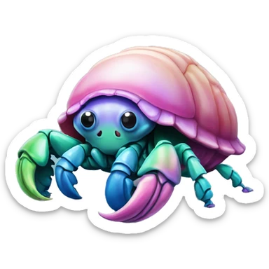 Purple pink blue green smiling hermit crab in its conal shell sticker