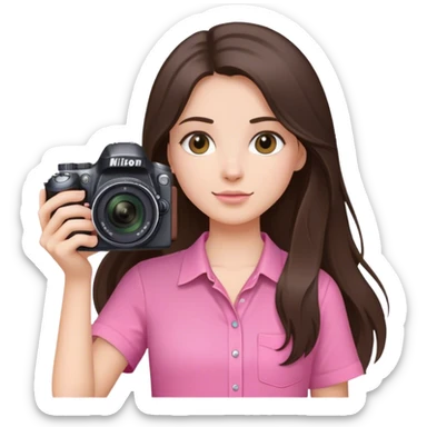 brunette girl long hair holding nikin camera pink shirt sticker
