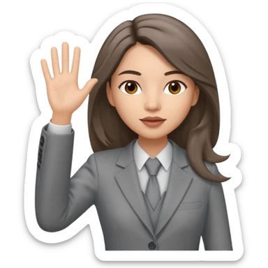 a young woman in a grey pantsuit.   She has brown eyes and very long brown hair. The hair parting is straight in the middle and the skin color is light. Lips are inflated. And she's waving her hand sticker