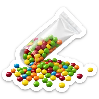 Minimalist top-down view of an open Skittles package with green candies spilling out. Simple rainbow colors on package, clean design. sticker