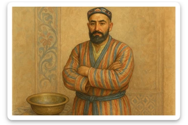 uzbek sartaroshi qo'lini qovushtirib turibdi yon taraf sal pastroq rakusdan sticker