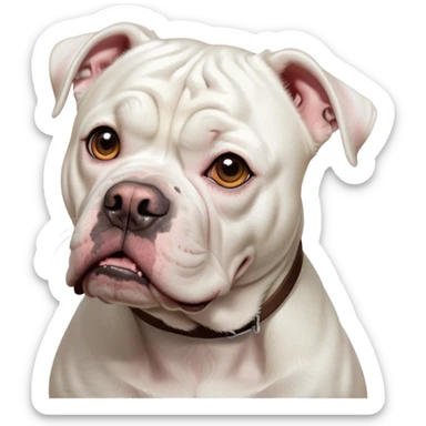 Cinematic Comical White American Bulldog Portrait Emoji, Head tilted dramatically with an exaggeratedly shocked or offended expression, short white fur with a slightly wrinkled forehead, wide, expressive brown eyes filled with exaggerated disbelief, Simplified yet hilariously expressive features, highly detailed, glowing with a slightly sassy glow, high shine, dramatic yet playful, stylized with an air of attitude, bright and endearing, soft glowing outline, capturing the essence of a sassy and over-the-top pup, so meme-worthy it feels like it could side-eye its way into internet fame instantly! sticker