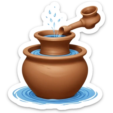 Realistic image of a potter's wheel in action, shaping wet clay into graceful shapes, water splashing gently sticker