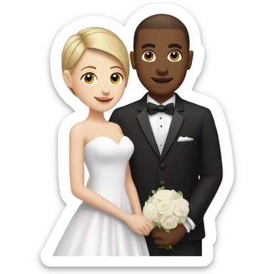 a white girl in a wedding dress with highlights in her short hair and a dark brown guy in a tux with a buzz cut  sticker
