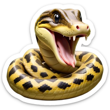 Cinematic Cute Yawning Anaconda Portrait Emoji, Head tilted slightly with a dramatic, wide-open yawn, showcasing a sinuous, scaled form with half-closed, drowsy eyes and an open, relaxed mouth, Simplified yet irresistibly adorable features, highly detailed, glowing with a soft, cozy jungle glow, high shine, relaxed yet expressive, stylized with a dash of whimsical reptilian charm, soft glowing outline, capturing the essence of a drowsy yet affectionate anaconda that appears ready to stretch out for a nap! sticker